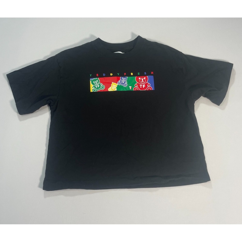 Teddy Fresh Women's Black Rainbow Crop Top Cropped Graphic T Shirt Tee Sz Large